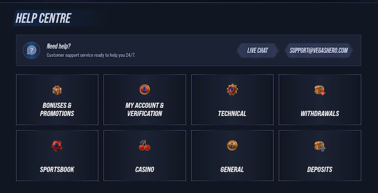 An image of customer service options at Vegas Hero