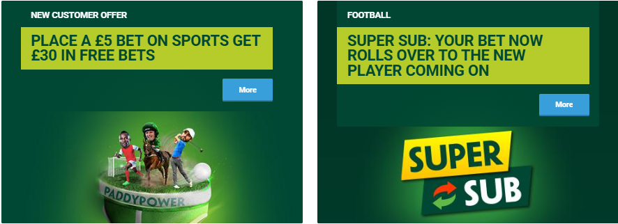 A photo showing some sports bonuses available at Paddy Power A photo showing some sports bonuses available at Paddy Power