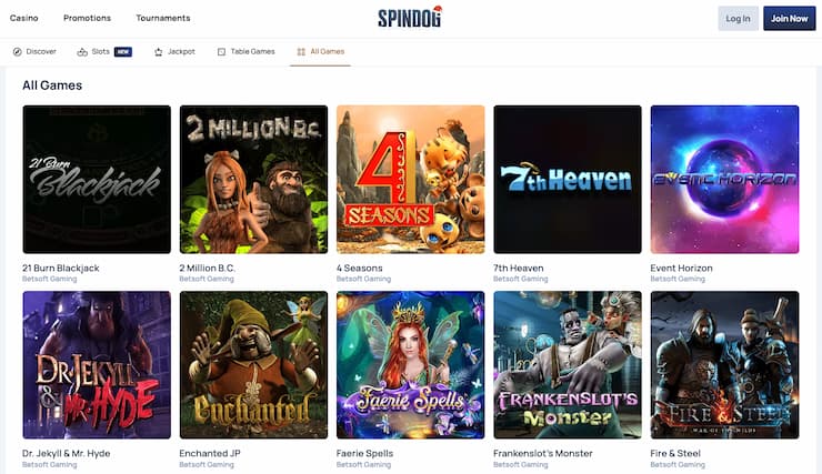 A image from our SpinDog casino review of games offered
