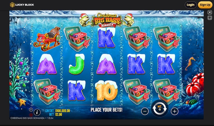A screenshot of Christmas Big Bass Bonanza slot gameplay at Lucky Block