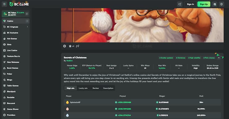 An image of the Secrets of Christmas slot at BC.Game