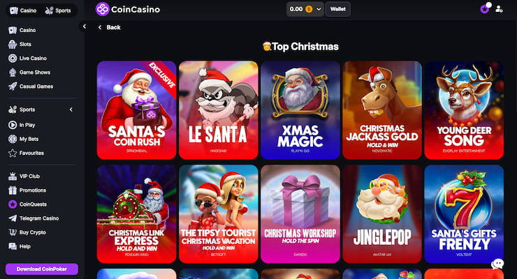 An image of the selection of Christmas slots at CoinCasino