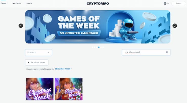 A screenshot of the Christmas Reach slot at Cryptorino