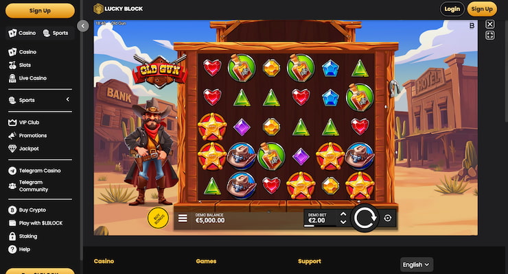 Lucky Block Casino screenshot of Old Gun slot demo mode
