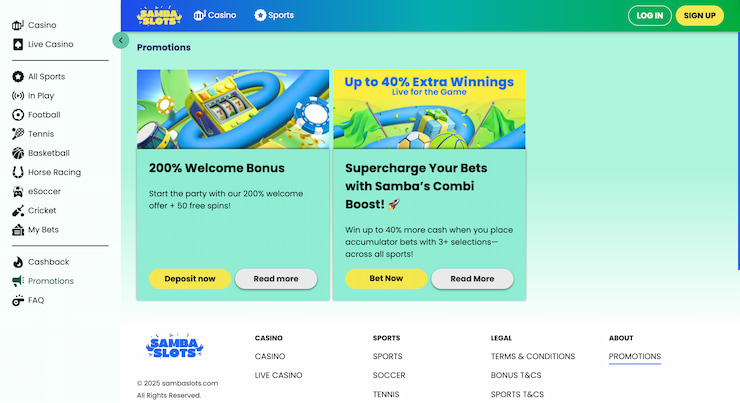 The Sambaslots promotions page highlighting the 200% welcome bonus and Combi Boost offer.