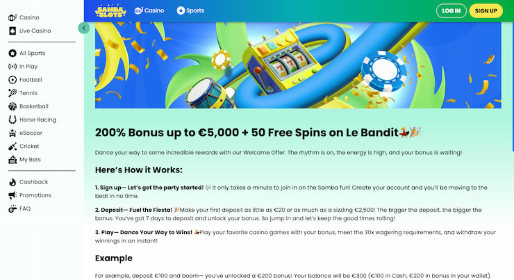 A preview of the Sambaslots casino bonus offer with a 200% match and free spins.