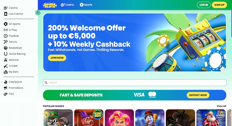 A snapshot of the Sambaslots casino homepage highlighting the 200% welcome offer and 10% weekly cashback.