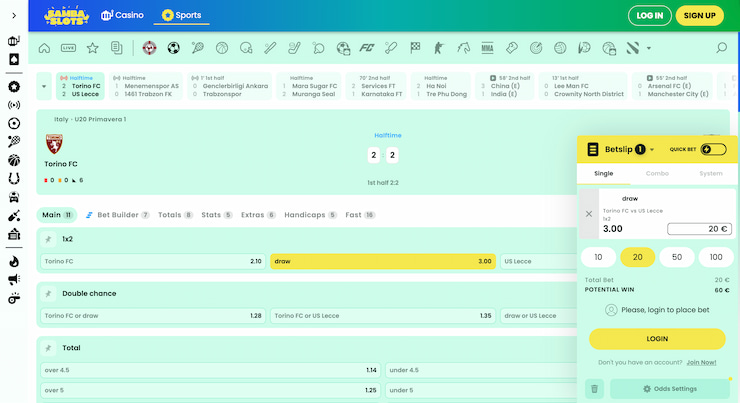 The Sambaslots live betting page displaying real-time football odds and betting options.