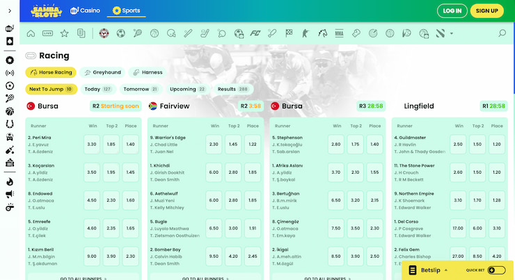 The Sambaslots racebook interface displaying horse racing betting options.