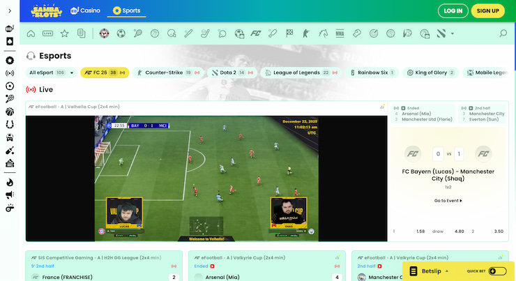 A display of the Sambaslots esports hub showcasing major tournament betting markets.
