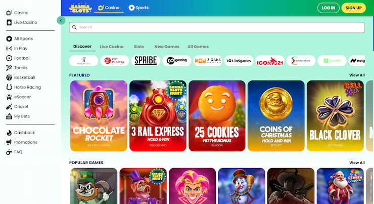 A snapshot of the Sambaslots games library showcasing slots, table games, and popular casino titles.