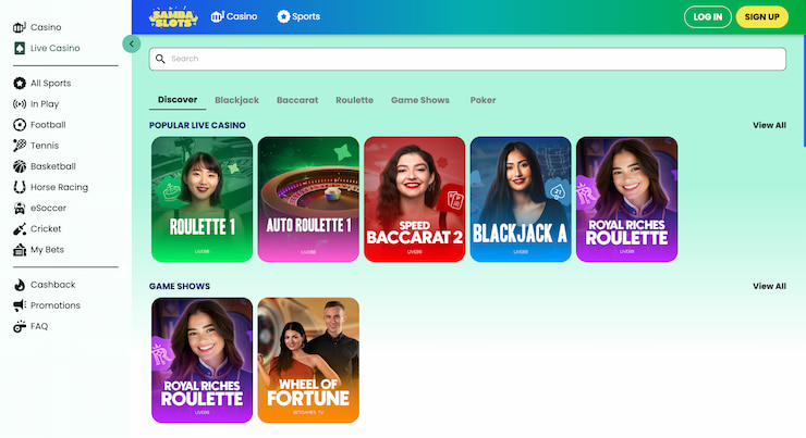 A snapshot of the Sambaslots live casino showing live dealer blackjack and roulette tables.