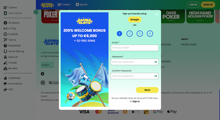 A preview of the Sambaslots sign-up process with account details and login options.