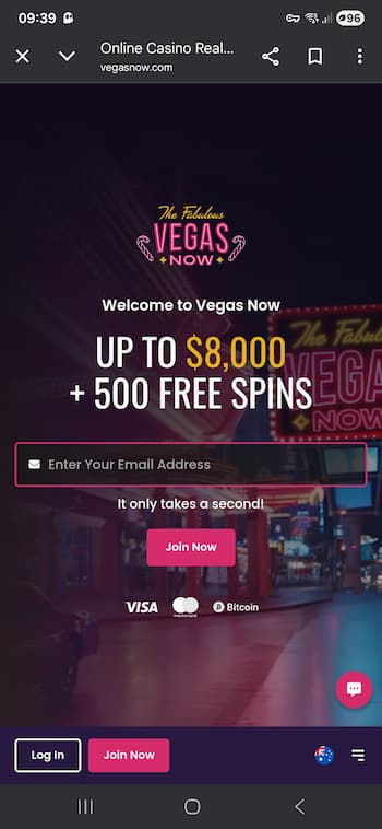 An image showing VegasNow landing page on a mobile device.