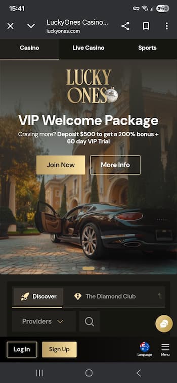 An image showing LuckyOnes homepage on a mobile device.