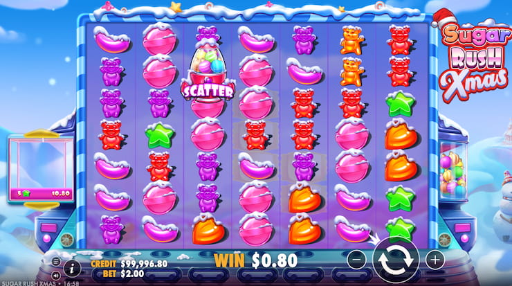 Sugar Rush Xmas slot review - shot of main game screen, showing 7x7 reels