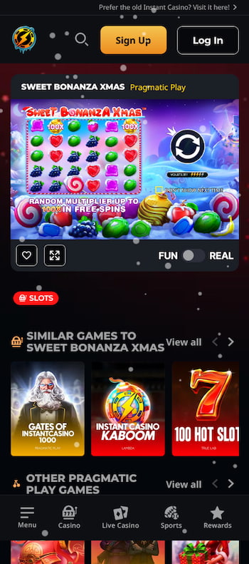 Mobile play of the Sweet Bonanza Xmas slot at Instant Casino displayed