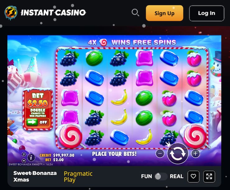 A screenshot of the Sweet Bonanza Xmas slot as played at Instant Casino