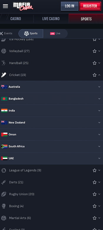 The available cricket betting markets at Mafia Casino Australia