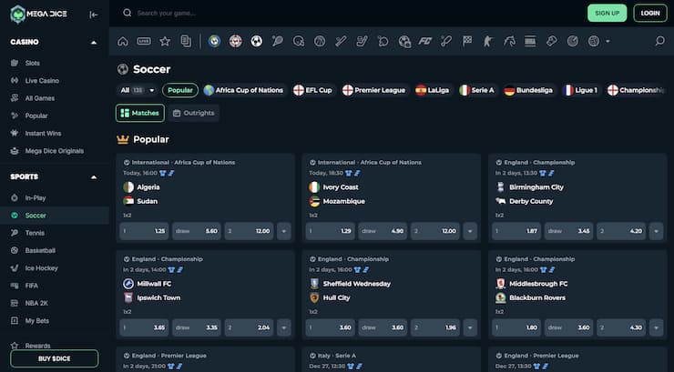 An overview of popular betting markets at Megadice.