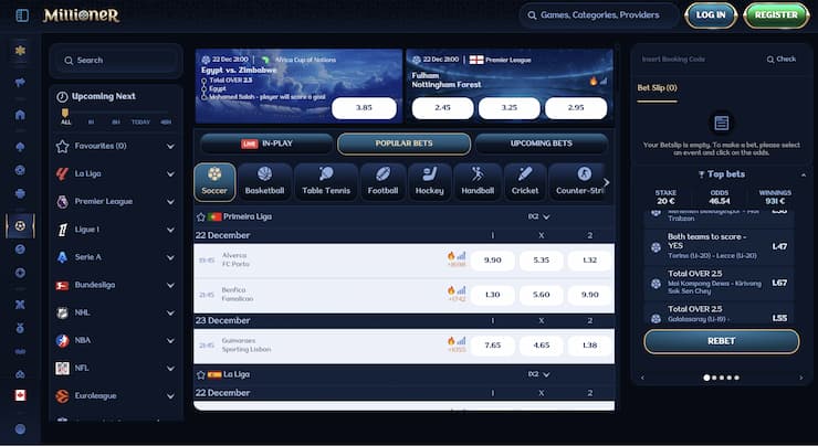 An overview of sports markets at Millioner.