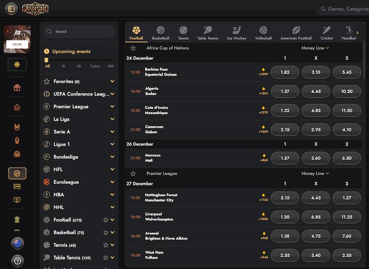 An image showing popular betting lines at Gransino.