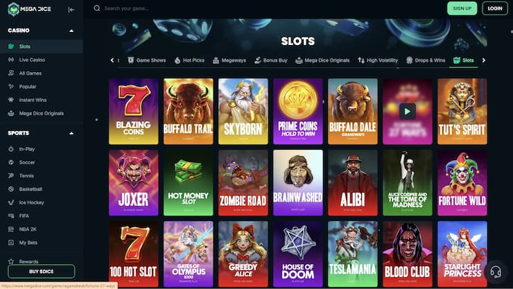 An image showing the most popular casino games at Megadice.