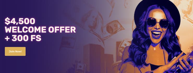 An image of the Lucky Casino welcome bonus for Australian players of $4,500 +300 free spins, with a smiling woman on the right