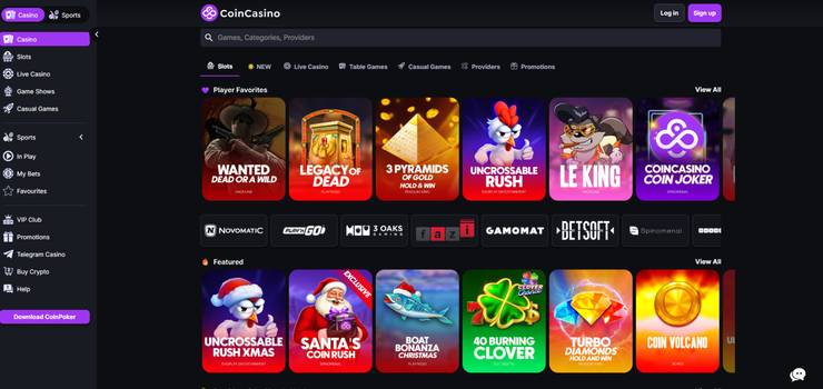 Screenshot of CoinCasino homepage of slots game lobby