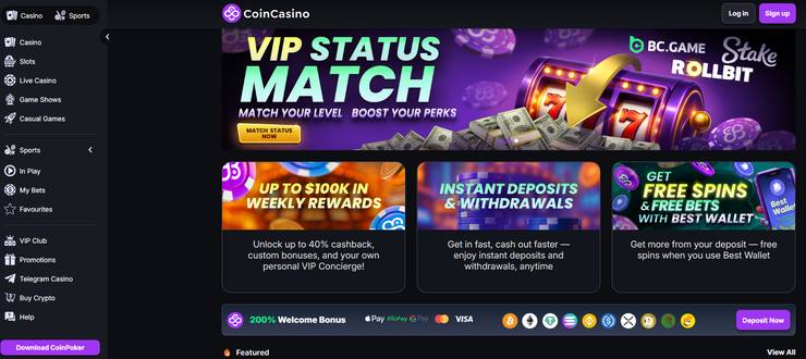 Screenshot of CoinCasino homepage