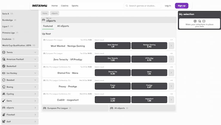 An image showing Instaspin eSports betting department. 