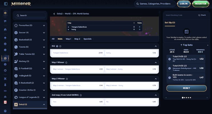 An image showing eSports betting at Millioner.