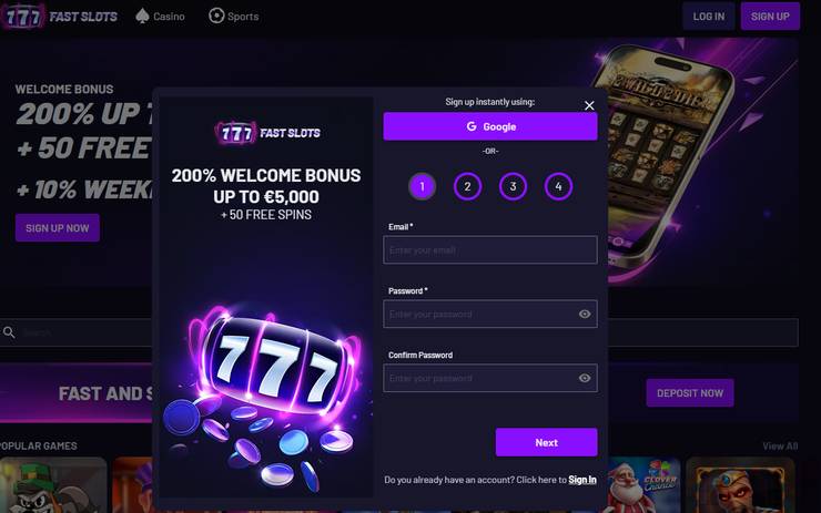 A screenshot of the sign up page at Fast Slots