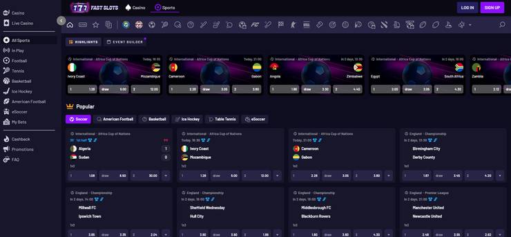 A screenshot of Fast Slots' sportsbook