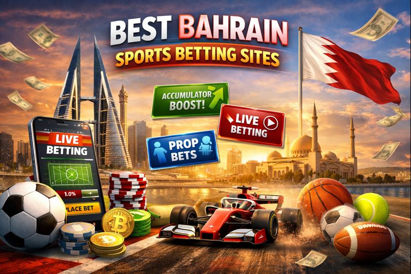 image showing Bahrain flag, sports racing car, and sports betting elements like football ball, basketball, rugby ball, tennis ball, Bitcoin coin and the city of Bahrain scenery behind