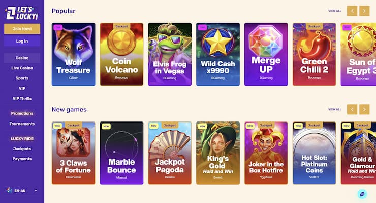 A snapshot of pokies available at Lets Lucky.