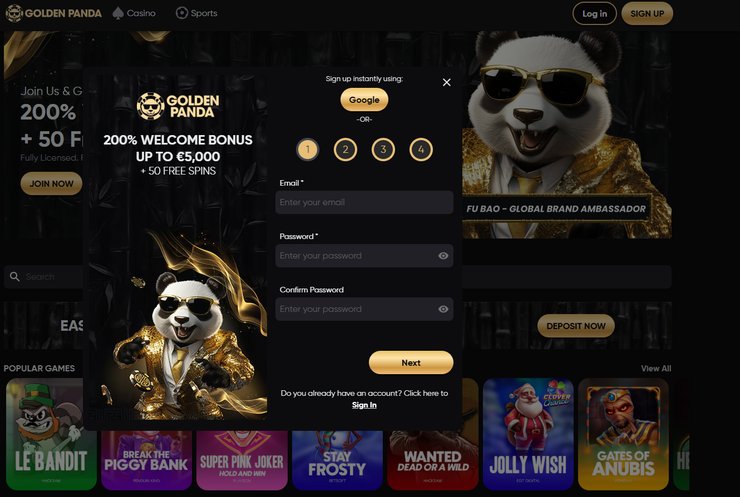 A screenshot of the Golden Panda sign up form