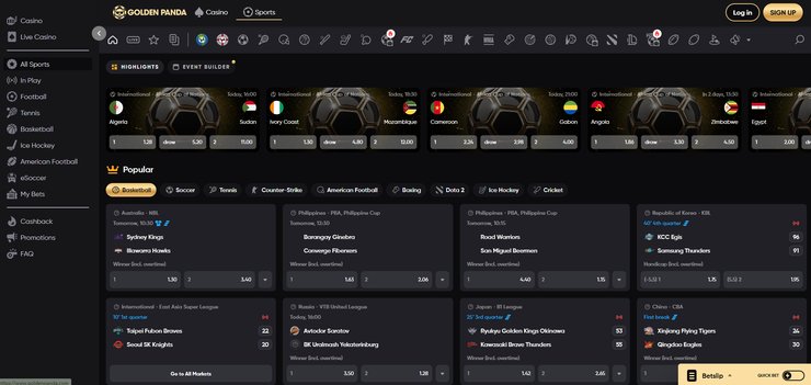 A screenshot of the Golden Panda sportsbook