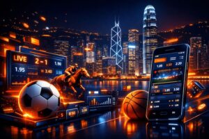A futuristic city-themed image symbolising online sports betting in Hong Kong