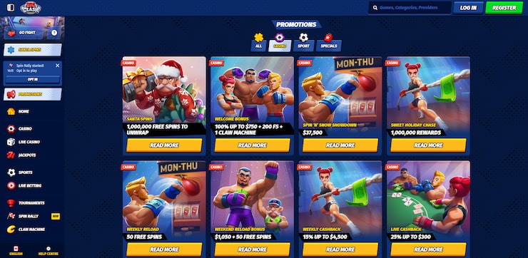 A screenshot of the many reloads, cashbacks, and other offers found at Big Clash, one of the best Ontario online casinos