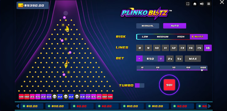 Overview of another great Dragon Gaming free online Plinko machine, fitted with plenty of options to cutomize your risk factor