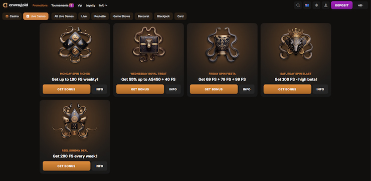 An overview of the five weekly promotions that gamers can enjoy when playing at CrownGold casino from Australia