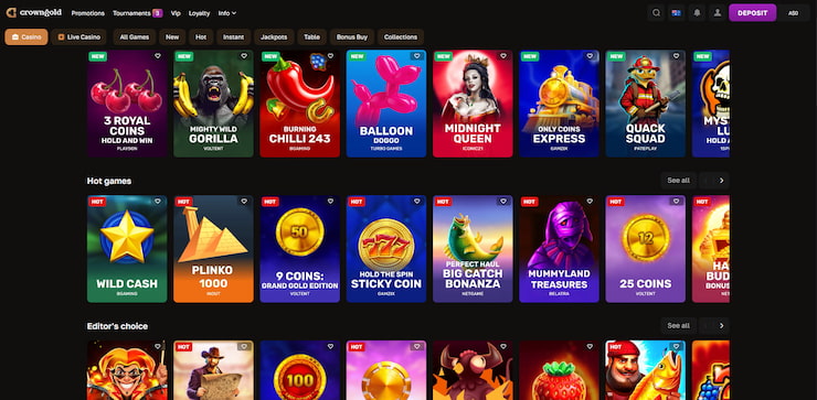 Overview of the CrownGold casino pokies that you can play, including New, Hot, and Editor's Choice picks