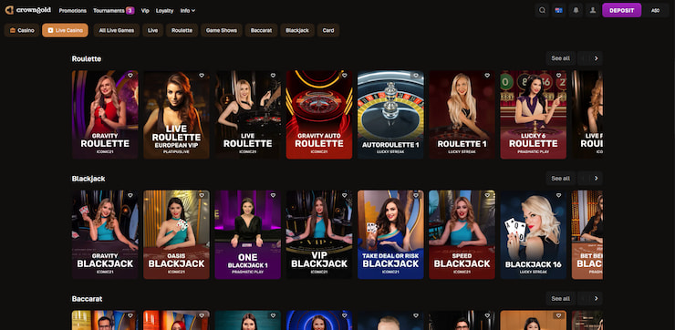 A broad look at the many live CrownGold casino games that are available, including Roulette, Blackjack, and Baccarat