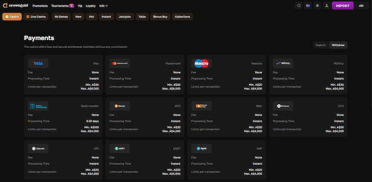 A screengrab showcasing the varied CrownGold casino payment methods that you can use to deposit and withdraw