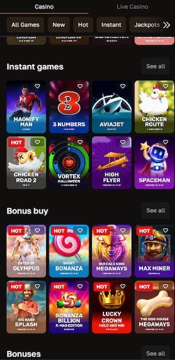 A quick look at the layout of the CrownGold casino mobile app that can be enjoyed on both Android and iOS devices