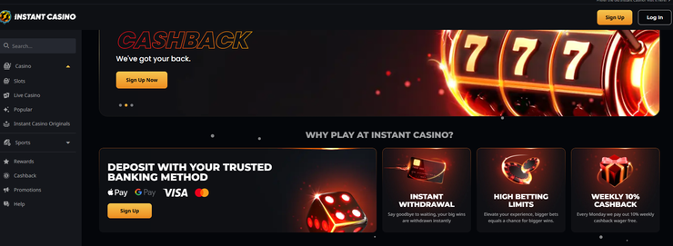 instant casino homepage for our review