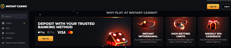 A screenshot of Instant Casino's payment methods.