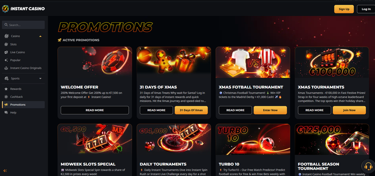 A screenshot of Instant Casino's promotions.