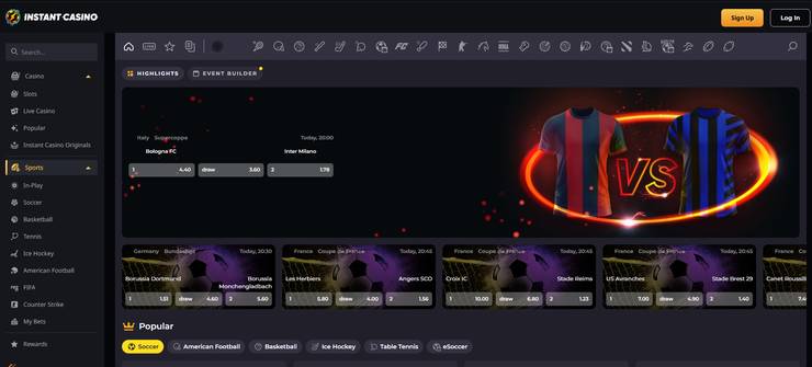 A screenshot of the Instant Casino sportsbook.